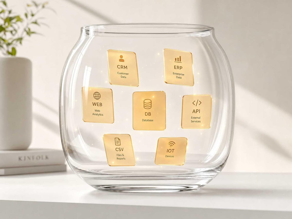 Glass terrarium with floating amber notes, the operations source boundary.